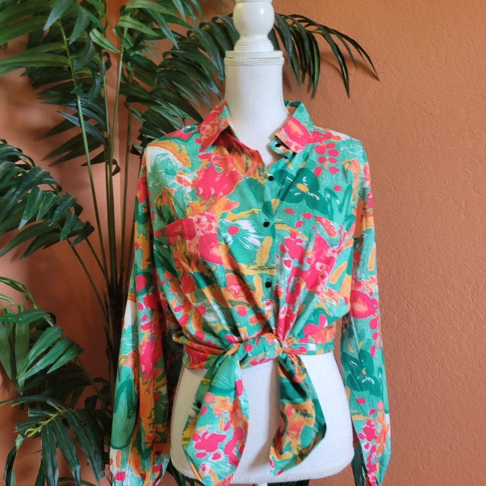 3/$25 NWOT Shein Floral Blouse Button Up Pink Orange Green Large Whimsical Fun